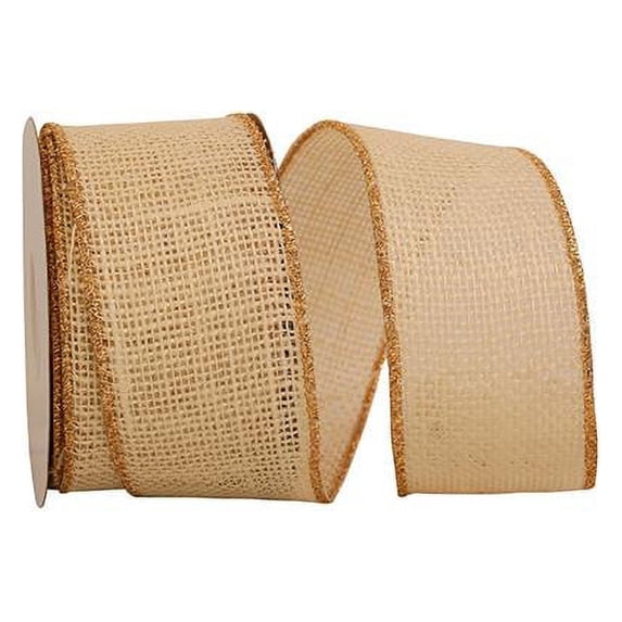 Reliant Ribbon - 3222M-810-40F, Burlap Wired Edge-gold Edge Ribbon, Ivory, 2-1/2 Inch, 10 Yards