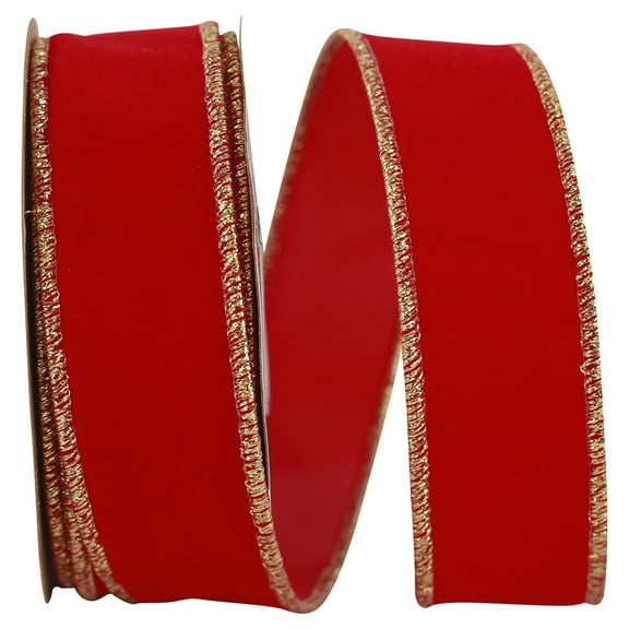 Reliant Ribbon - 3900M-211-09F, Velvet Duro Domestic Wired Edge Ribbon, Hot Red/gold, 1-3/8 Inch, 10 Yards