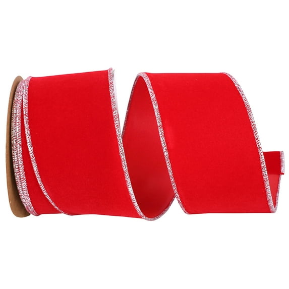 Reliant Ribbon - 3900M-979-40F, Velvet Duro Domestic Wired Edge Ribbon, Red/silver, 2-1/2 Inch, 10 Yards