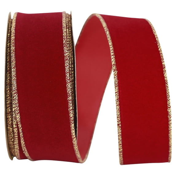 Reliant Ribbon - 3900M-994-09F, Velvet Duro Domestic Wired Edge Ribbon, Red/gold, 1-3/8 Inch, 10 Yards