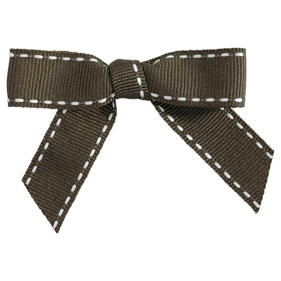 Reliant Ribbon - 5161-415-03C, Grosgrain Stitch Twist Tie Bows Bows, Brown/white, 5/8 Inch, 100 Pieces