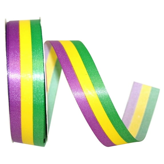 Reliant Ribbon - 5401-001-05J, Mardi Gras Tri-stripe Supreme Ribbon, Multi, 7/8 Inch, 25 Yards