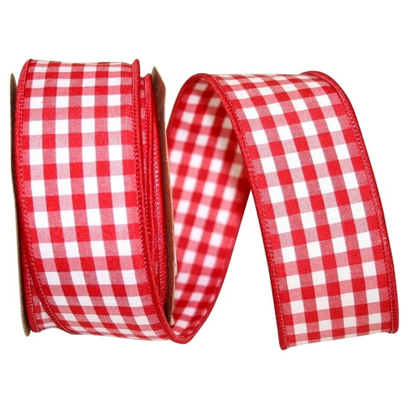 Reliant Ribbon - 7101M-615-09F, Gingham Check Wired Edge Ribbon, Medium Red, 1-3/8 Inch, 10 Yards