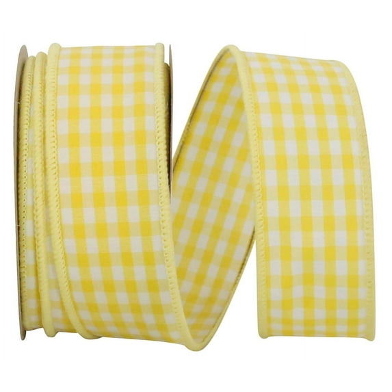 Reliant Ribbon - 7101M-640-09F, Gingham Check Wired Edge Ribbon, Lemon, 1-3/8 Inch, 10 Yards