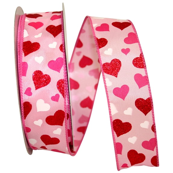 Reliant Ribbon - 90429W-061-09J, Hearts Floating Wired Edge Ribbon, Pink, 1-1/2 Inch, 25 Yards