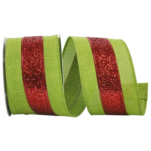 Reliant Ribbon - 90657W-600-40F, Stripe Glitz Nat Wired Edge Ribbon, Red/lime, 2-1/2 Inch, 10 Yards