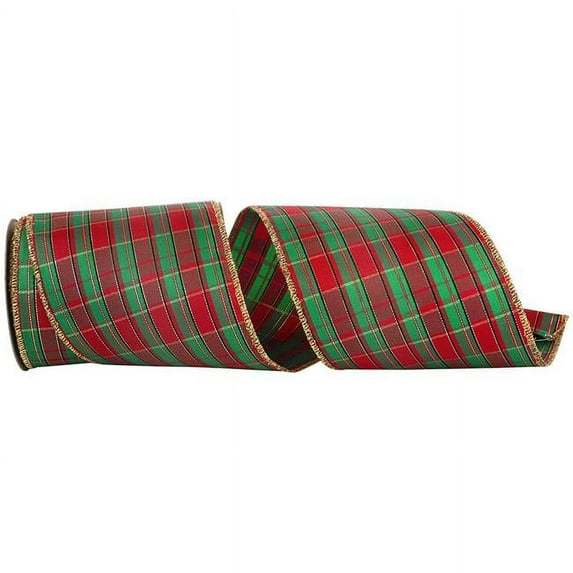 Reliant Ribbon - 9182M-001-10F, Tartan Tony Metallic Plaid Wired Edge Ribbon, Multi, 4 Inch, 10 Yards