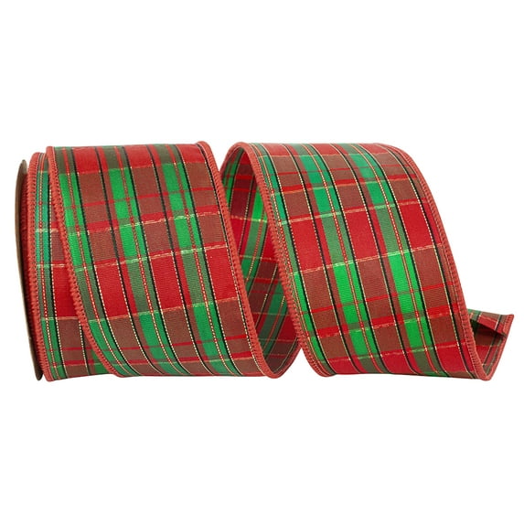 Reliant Ribbon - 9182M-985-40F, Tartan Tony Metallic Plaid Wired Edge Ribbon, Red/green, 2-1/2 Inch, 10 Yards