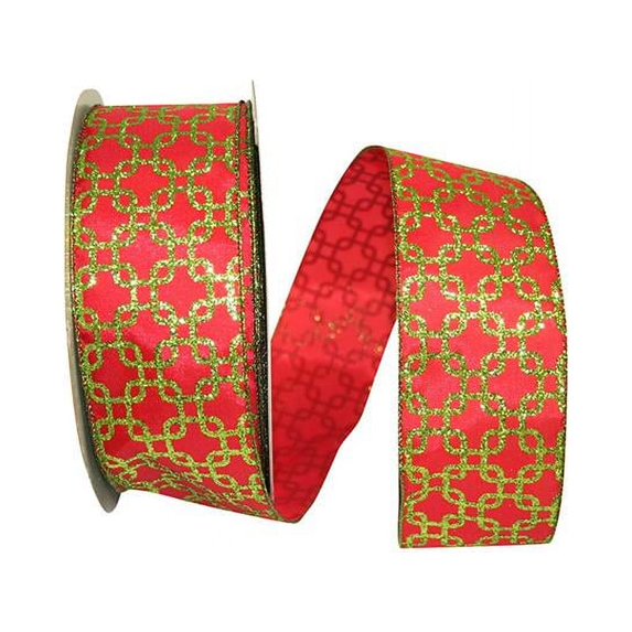 Reliant Ribbon - 92303W-600-40K, Interlock Value Wired Edge Ribbon, Red/lime, 2-1/2 Inch, 50 Yards