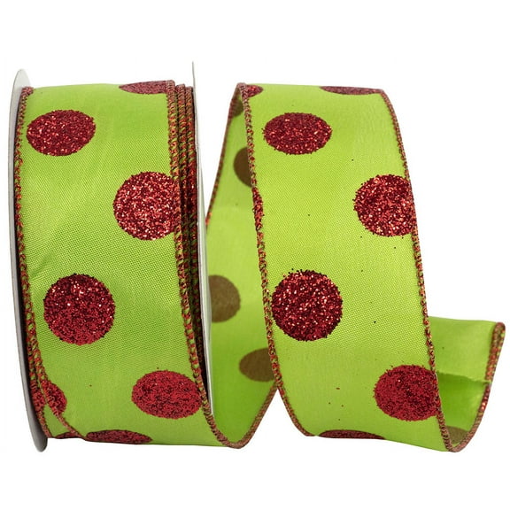 Reliant Ribbon - 92308W-601-09F, Red Dots Glitter Value Wired Edge Ribbon, Lime/red, 1-1/2 Inch, 10 Yards