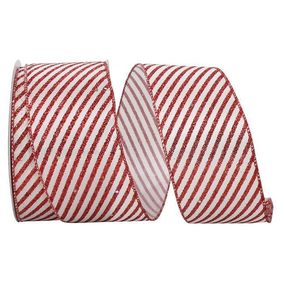 Reliant Ribbon 92376W-695-40H 2.5 in. 20 Yards Candy Cane Glitter Diagonal Stripe Wired Edge Ribbon, Red & White