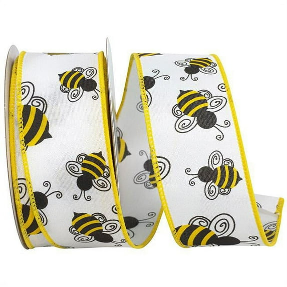 Reliant Ribbon - 92543W-030-09F, Bumble Bees 3 We Rd Ribbon, White, 1-1/2 Inch, 10 Yards