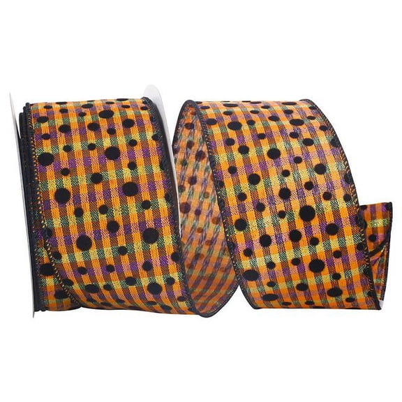 Reliant Ribbon - 92814W-001-40F, Plaid Felt Dots Wired Edge Ribbon, Multi, 2-1/2 Inch, 10 Yards