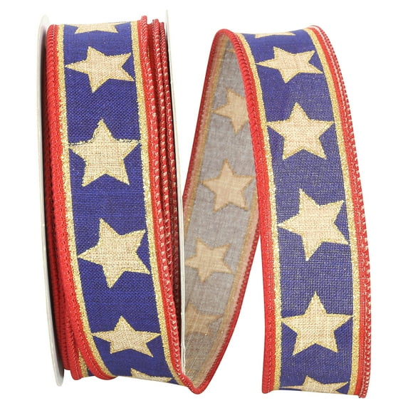 Reliant Ribbon - 92882W-035-09H, Linen Stars And Stripes Wired Edge Ribbon, Gold, 1-1/2 Inch, 20 Yards