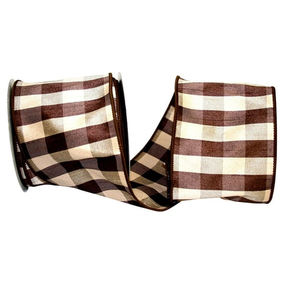 Reliant Ribbon - 92965W-092-10F, Check Silk Wired Edge Ribbon, Brown, 4 Inch, 10 Yards
