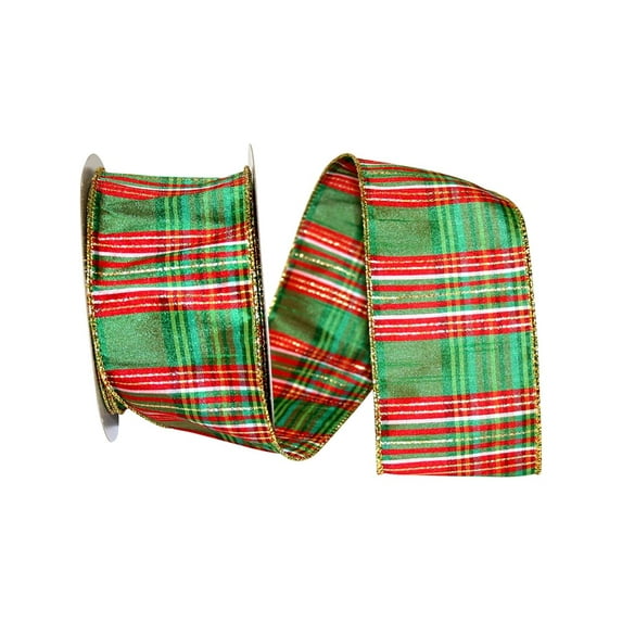 Reliant Ribbon - 92981W-601-40F, Primary Metallic Plaid Dupioni Wired Ed Ribbon, Lime/red, 2-1/2 Inch, 10 Yards