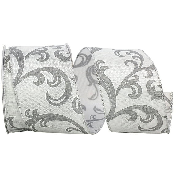 Reliant Ribbon - 93004W-070-40F, Silver Scroll Glimmer Wired Edge Ribbon, Silver, 2-1/2 Inch, 10 Yards