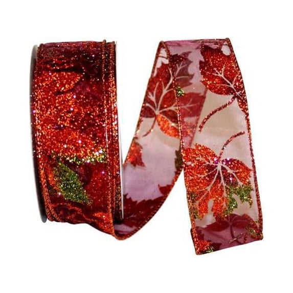 Reliant Ribbon - 93032W-090-09H, Leaves Glitter Sheer Wired Edge Ribbon, Burgundy, 1-1/2 Inch, 20 Yards