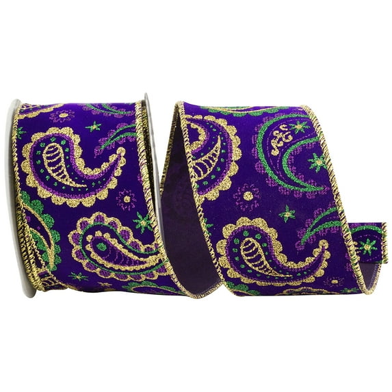 Reliant Ribbon - 93035W-001-40F, Mardi Gras Paisley Velvet Wired Edge Ribbon, Multi, 2-1/2 Inch, 10 Yards