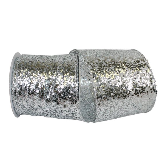 Reliant Ribbon - 93075W-070-10F, Sequin Glitter Web Wired Edge Ribbon, Silver, 4 Inch, 10 Yards