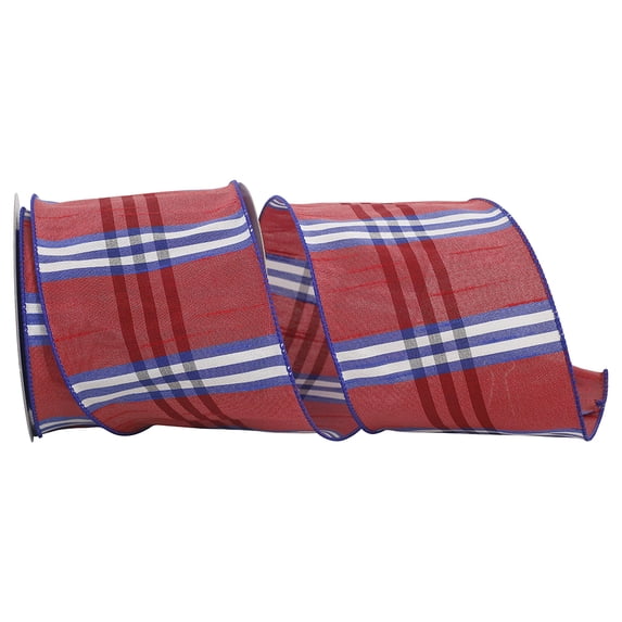 Reliant Ribbon - 93098W-653-10F, Plaid Americana Dupioni Wired Edge Ribbon, Red/white/blue, 4 Inch, 10 Yards