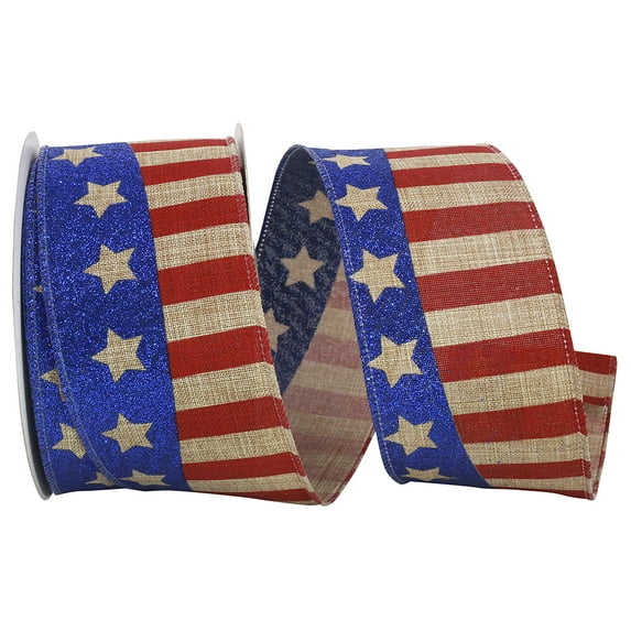 Reliant Ribbon - 93104W-750-40F, Flag Stripe Glitter Linen Wired Edge Ribbon, Natural, 2-1/2 Inch, 10 Yards