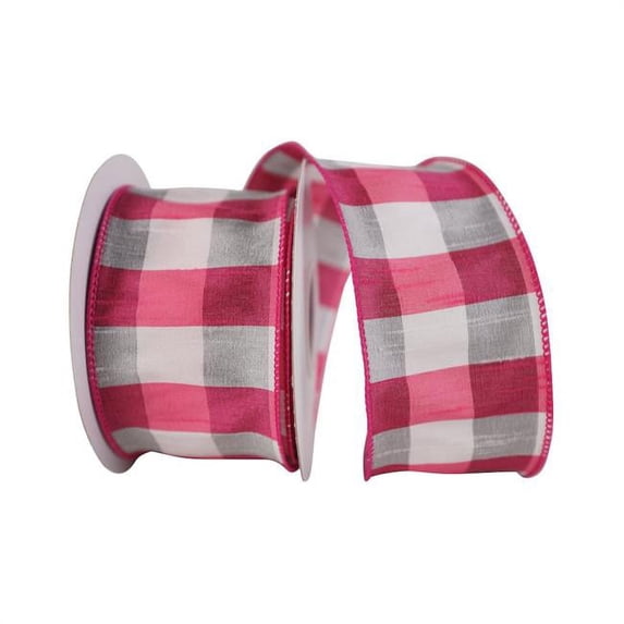Reliant Ribbon - 93128W-361-40F, Dupioni Check Grande Wired Edge Ribbon, Fuchsia/white, 2-1/2 Inch, 10 Yards