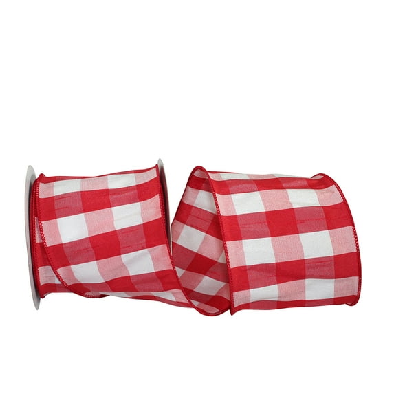 Reliant Ribbon - 93152W-695-10F, Dupioni Plaid Buffalo Large Wired Edge Ribbon, Red/white, 4 Inch, 10 Yards