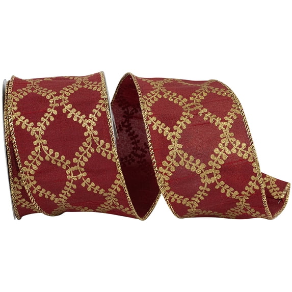 Reliant Ribbon - 93157W-957-40F, Filigree Crest Dupione Wired Edge Ribbon, Scarlet/gold, 2-1/2 Inch, 10 Yards