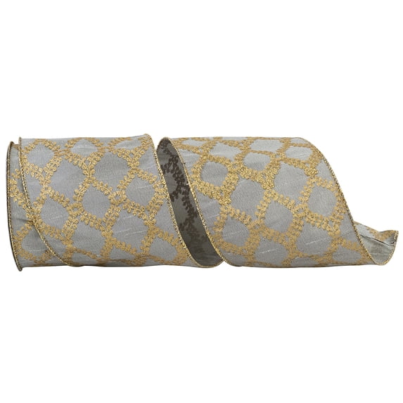 Reliant Ribbon - 93157W-995-10F, Filigree Crest Dupione Wired Edge Ribbon, Silver/gold, 4 Inch, 10 Yards