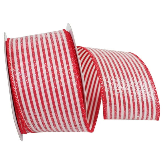 Reliant Ribbon - 93160W-036-40F, Frosted Candy Stripes Wired Edge Ribbon, White/red, 2-1/2 Inch, 10 Yards