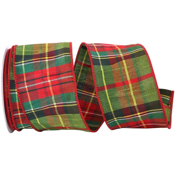 Reliant Ribbon - 93167W-592-40F, Greensboro Plaid Dupioni Wired Edge Ribbon, Green/red, 2-1/2 Inch, 10 Yards