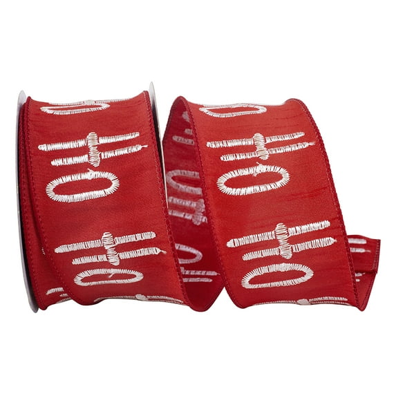 Reliant Ribbon - 93169W-695-40F, Ho-ho-ho Embroidered Dupioni Wired Edge Ribbon, Red/white, 2-1/2 Inch, 10 Yards