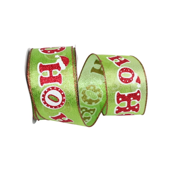 Reliant Ribbon - 93170W-601-40F, Ho-ho-ho Glitter Metallic Lame Wired Edg Ribbon, Lime/red, 2-1/2 Inch, 10 Yards