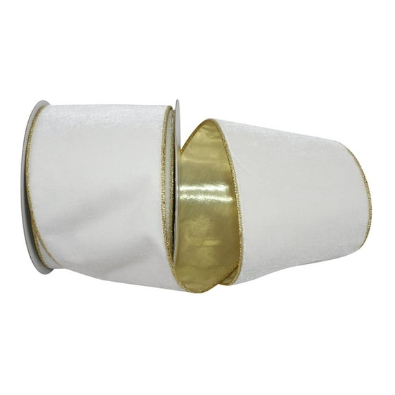 Reliant Ribbon - 93187W-992-10F, Plush Metallic Backed Velvet Wired Edge Ribbon, Ivory/gold, 4 Inch, 10 Yards