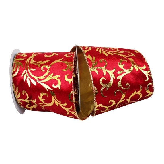 Reliant Ribbon - 93193W-957-10F, Scroll Plush Gold Back Velvet Wire Edge Ribbon, Scarlet/gold, 4 Inch, 10 Yards