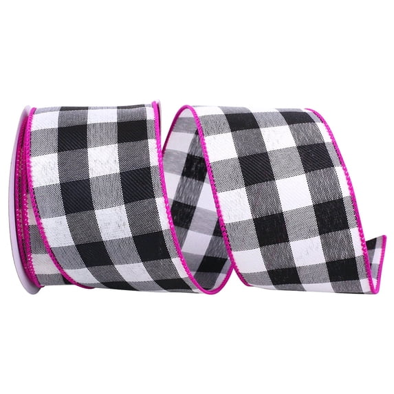 Reliant Ribbon - 93228W-231-40F, Celine Plaid Twill Value Wired Edge Ribbon, Black/fuchsia, 2-1/2 Inch, 10 Yards