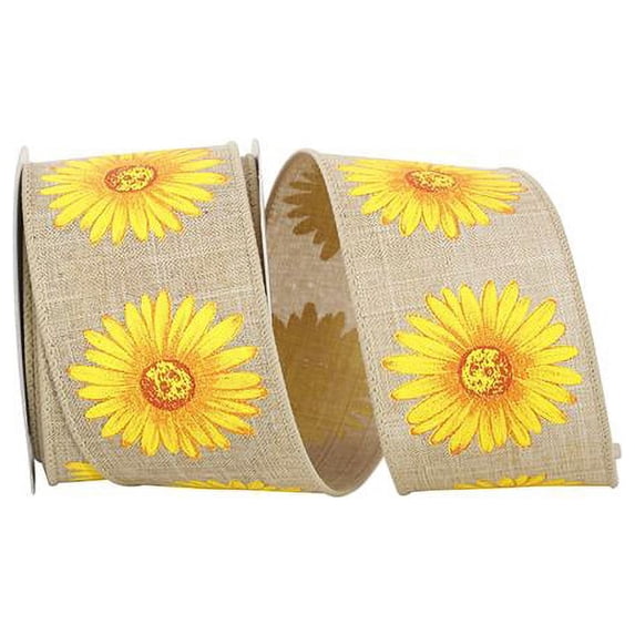 Reliant Ribbon - 93237W-594-40F, Gerbera Daisy Linen We Ribbon, Natural/yellow, 2-1/2 Inch, 10 Yards