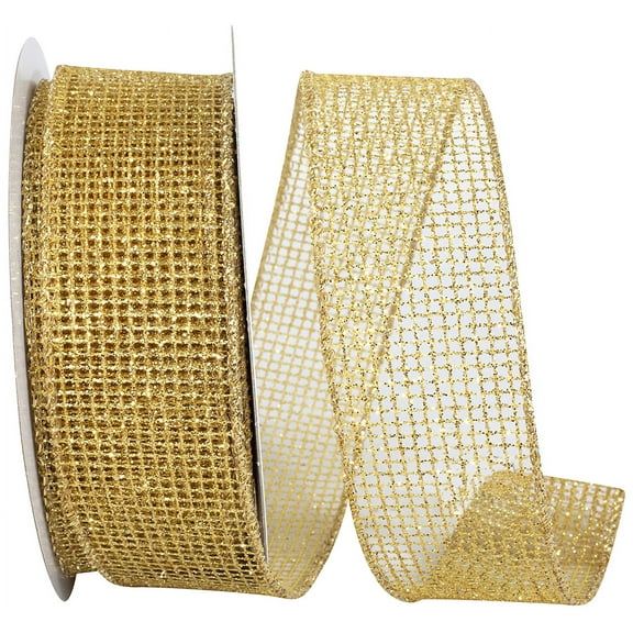 Reliant Ribbon - 93290W-035-09F, Glitter Web Mesh Metallic Wired Edge Ribbon, Gold, 1-1/2 Inch, 10 Yards