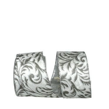 Reliant Ribbon - 93319W-070-40F, Filigree Leaves Plush Velvet Silver Back Ribbon, Silver, 2-1/2 Inch, 10 Yards