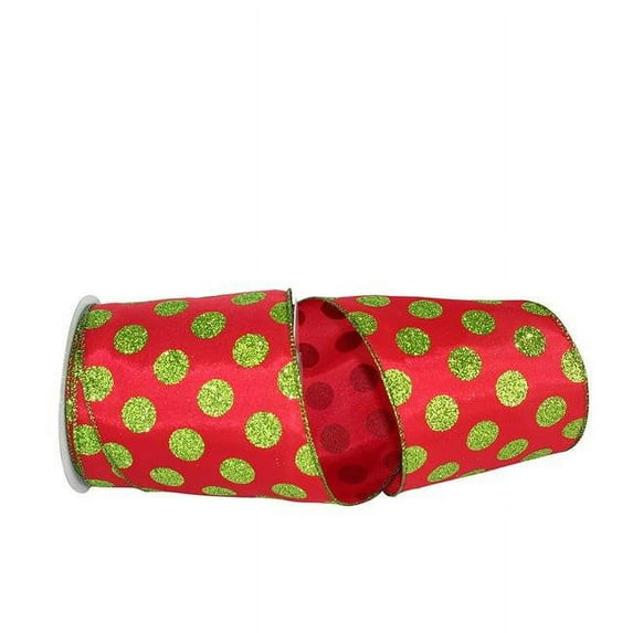 Reliant Ribbon - 93320W-600-10F, Green Dots Glitter Value Wired Edge Ribbon, Red/lime, 4 Inch, 10 Yards