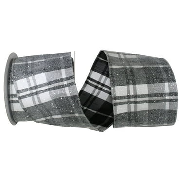 Reliant Ribbon - 93334W-984-10F, Frosted Grand Plaid Wired Edge Ribbon, Black/white, 4 Inch, 10 Yards