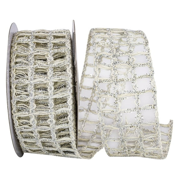 Reliant Ribbon - 93344W-993-40F, Grand Jute Box Sparkle Wired Edge Ribbon, Ivory/silver, 2-1/2 Inch, 10 Yards