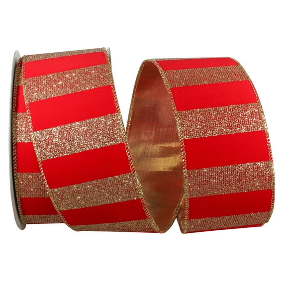 Reliant Ribbon - 93349W-994-40F, Glitter Bars Striped Velvet Gold Back W Ribbon, Red/gold, 2-1/2 Inch, 10 Yards