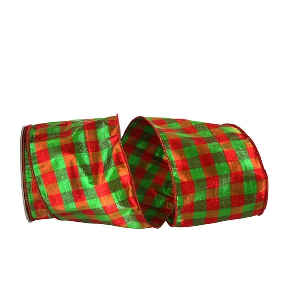 Reliant Ribbon - 93371W-985-10F, Lame Gingham Check Dupioni Metallic Wire Ribbon, Red/green, 4 Inch, 10 Yards