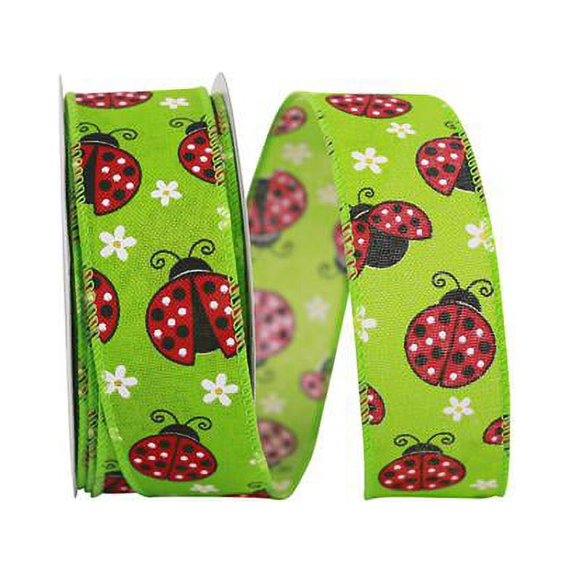 Reliant Ribbon - 93404W-042-09H, Ladybugs Linen Wired Edge Ribbon, Apple Green, 1-1/2 Inch, 20 Yards