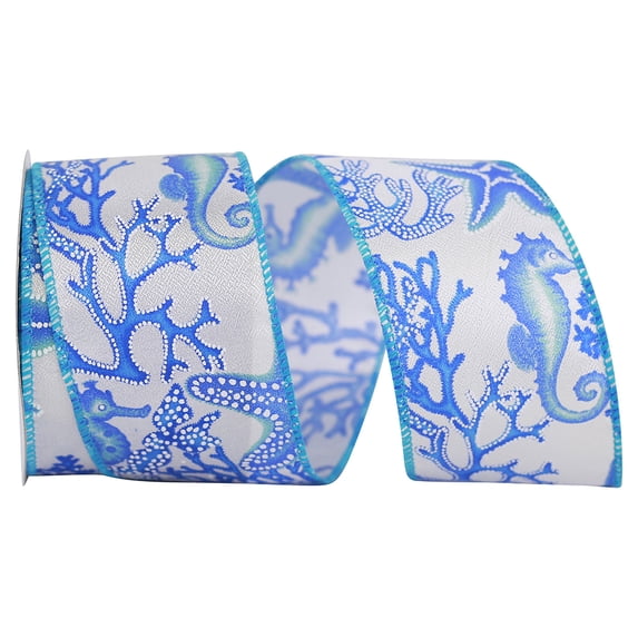 Reliant Ribbon - 93420W-913-40F, Sea Horses, Stars And Coral Wired Edge Ribbon, Turquoise, 2-1/2 Inch, 10 Yards