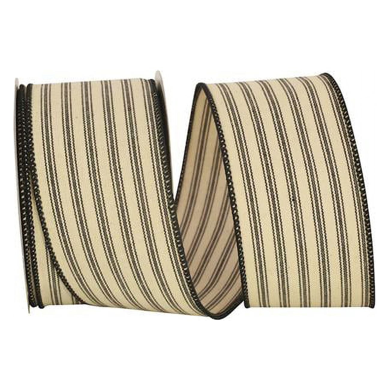 Reliant Ribbon - 93424W-031-40F, Ticking Linen Stripe Wired Edge Ribbon, Black, 2-1/2 Inch, 10 Yards