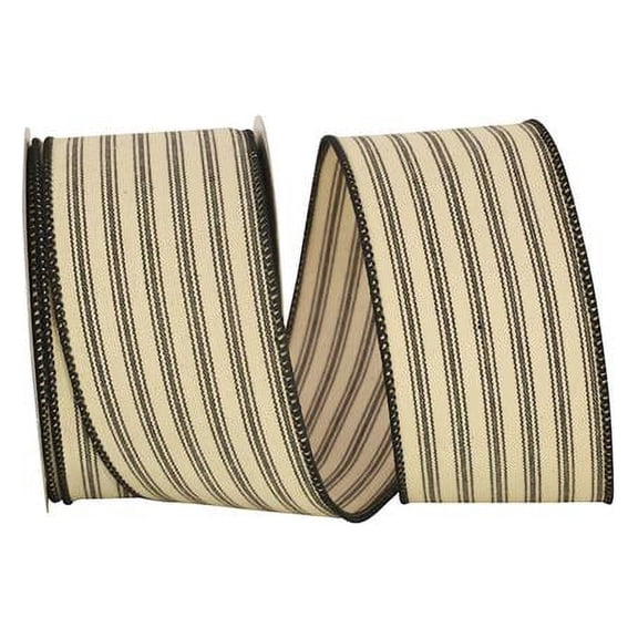 Reliant Ribbon - 93424W-031-40F, Ticking Linen Stripe Wired Edge Ribbon, Black, 2-1/2 Inch, 10 Yards