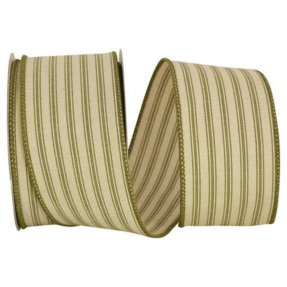 Reliant Ribbon - 93424W-043-40F, Ticking Linen Stripe Wired Edge Ribbon, Moss, 2-1/2 Inch, 10 Yards